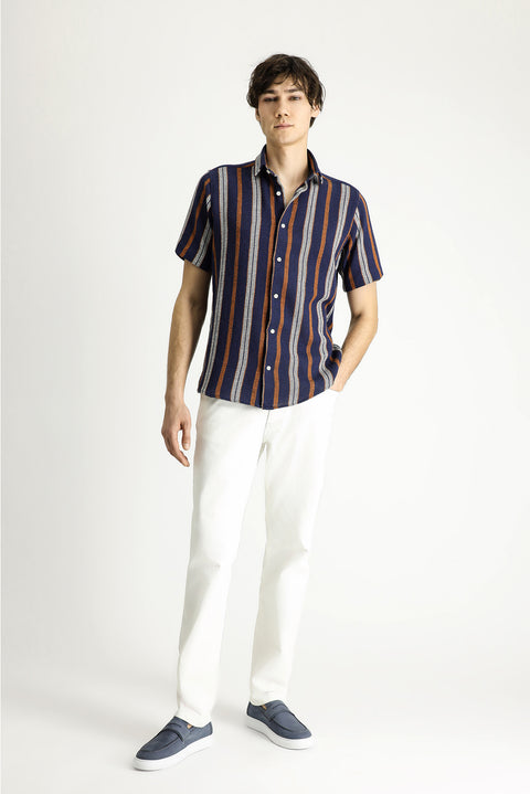 Medium Navy Short Sleeve Regular Fit Striped Cotton Easy-Iron Shirt