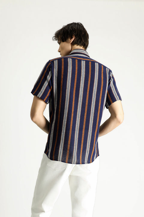 Medium Navy Short Sleeve Regular Fit Striped Cotton Easy-Iron Shirt