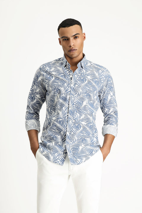 İndigo Uzun Kol Slim Fit Dar Kesim Baskılı Pamuk Gömlek