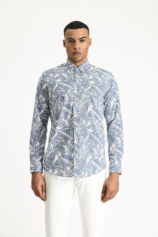  İndigo Uzun Kol Slim Fit Dar Kesim Baskılı Pamuk Gömlek