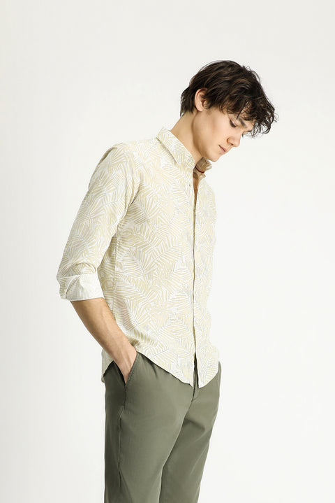 Açık Bej Uzun Kol Slim Fit Dar Kesim Baskılı Pamuk Gömlek