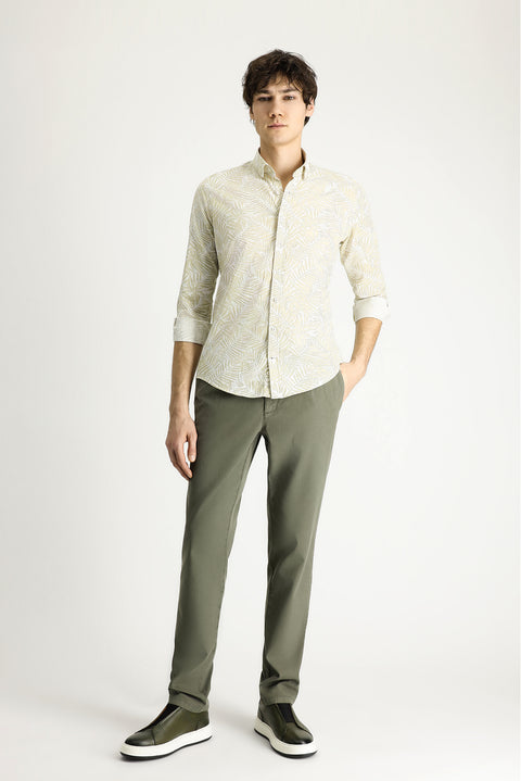 Açık Bej Uzun Kol Slim Fit Dar Kesim Baskılı Pamuk Gömlek