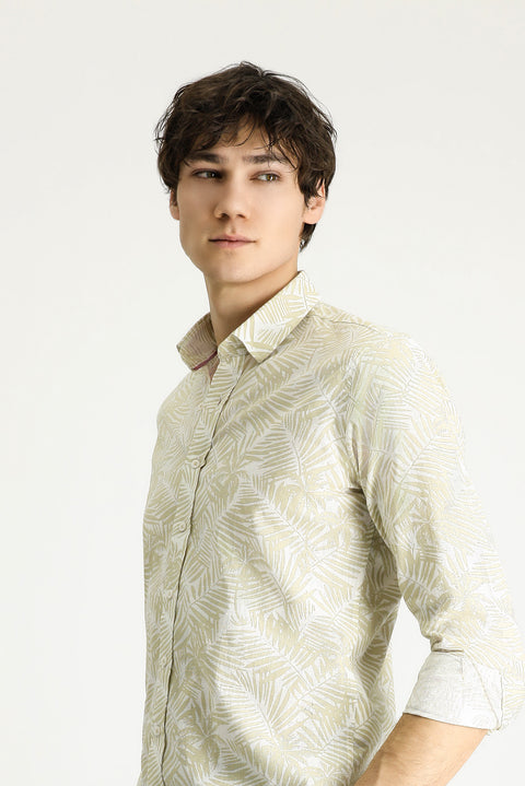 Açık Bej Uzun Kol Slim Fit Dar Kesim Baskılı Pamuk Gömlek