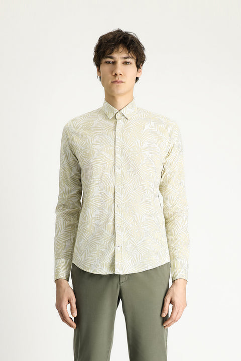 Açık Bej Uzun Kol Slim Fit Dar Kesim Baskılı Pamuk Gömlek