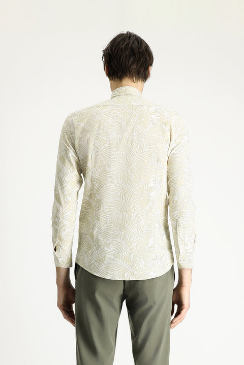 Açık Bej Uzun Kol Slim Fit Dar Kesim Baskılı Pamuk Gömlek