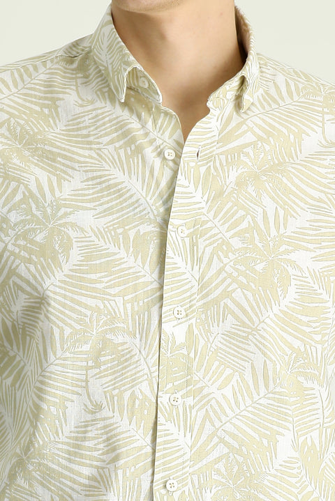 Açık Bej Uzun Kol Slim Fit Dar Kesim Baskılı Pamuk Gömlek