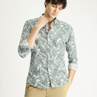 Mint Yeşili Uzun Kol Slim Fit Dar Kesim Baskılı Pamuk Gömlek