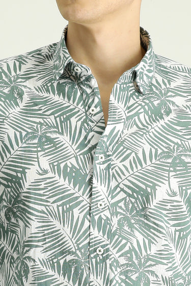Mint Yeşili Uzun Kol Slim Fit Dar Kesim Baskılı Pamuk Gömlek