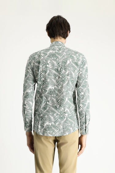 Mint Yeşili Uzun Kol Slim Fit Dar Kesim Baskılı Pamuk Gömlek