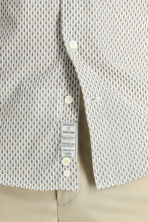 Orta Gri Uzun Kol Slim Fit Dar Kesim Baskılı Pamuk Düğmeli Yaka Gömlek