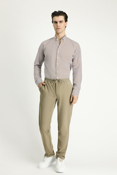 Açık Kahve  Uzun Kol Slim Fit Dar Kesim Baskılı Pamuk Düğmeli Yaka Gömlek