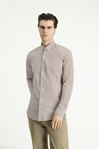  Açık Kahve  Uzun Kol Slim Fit Dar Kesim Baskılı Pamuk Düğmeli Yaka Gömlek