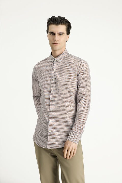 Açık Kahve  Uzun Kol Slim Fit Dar Kesim Baskılı Pamuk Düğmeli Yaka Gömlek