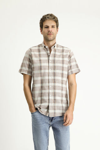  Açık Kahve  Kısa Kol Regular Fit Ekose Spor Pamuk Düğmeli Yaka Gömlek