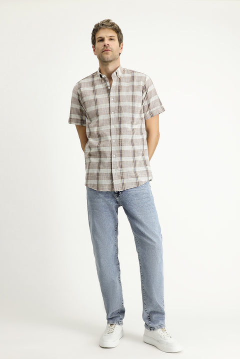 Açık Kahve  Kısa Kol Regular Fit Ekose Spor Pamuk Düğmeli Yaka Gömlek