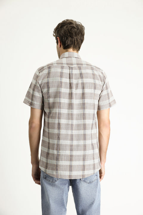 Açık Kahve  Kısa Kol Regular Fit Ekose Spor Pamuk Düğmeli Yaka Gömlek