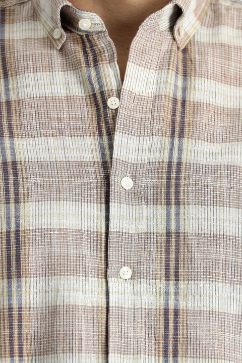 Açık Kahve  Kısa Kol Regular Fit Ekose Spor Pamuk Düğmeli Yaka Gömlek