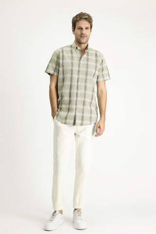  Açık Haki Kısa Kol Regular Fit Ekose Spor Pamuk Düğmeli Yaka Gömlek