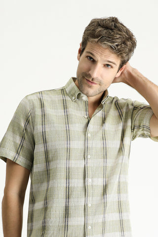  Açık Haki Kısa Kol Regular Fit Ekose Spor Pamuk Düğmeli Yaka Gömlek