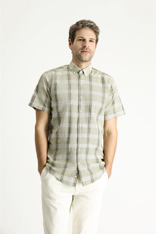  Açık Haki Kısa Kol Regular Fit Ekose Spor Pamuk Düğmeli Yaka Gömlek