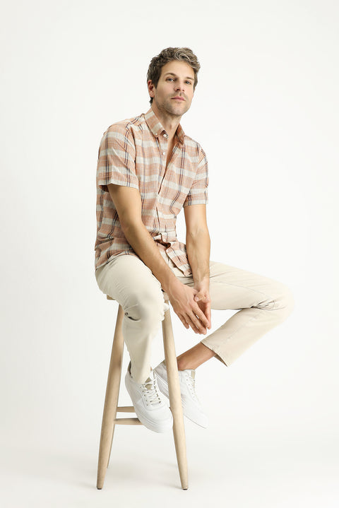 Açık Turuncu Kısa Kol Regular Fit Ekose Spor Pamuk Düğmeli Yaka Gömlek