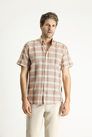  Açık Turuncu Kısa Kol Regular Fit Ekose Spor Pamuk Düğmeli Yaka Gömlek