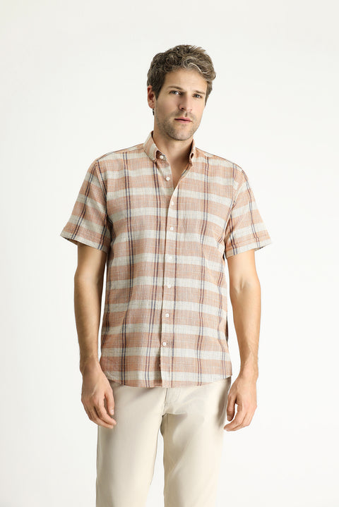 Açık Turuncu Kısa Kol Regular Fit Ekose Spor Pamuk Düğmeli Yaka Gömlek