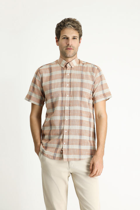 Açık Turuncu Kısa Kol Regular Fit Ekose Spor Pamuk Düğmeli Yaka Gömlek