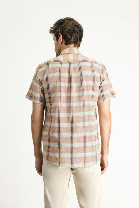 Açık Turuncu Kısa Kol Regular Fit Ekose Spor Pamuk Düğmeli Yaka Gömlek