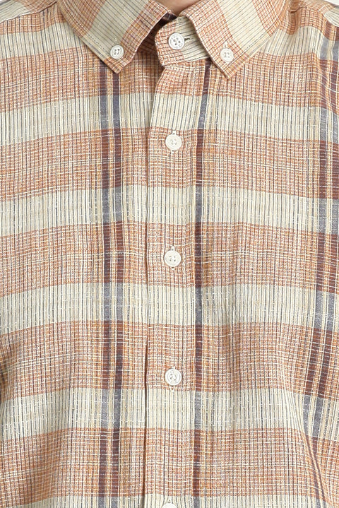 Açık Turuncu Kısa Kol Regular Fit Ekose Spor Pamuk Düğmeli Yaka Gömlek