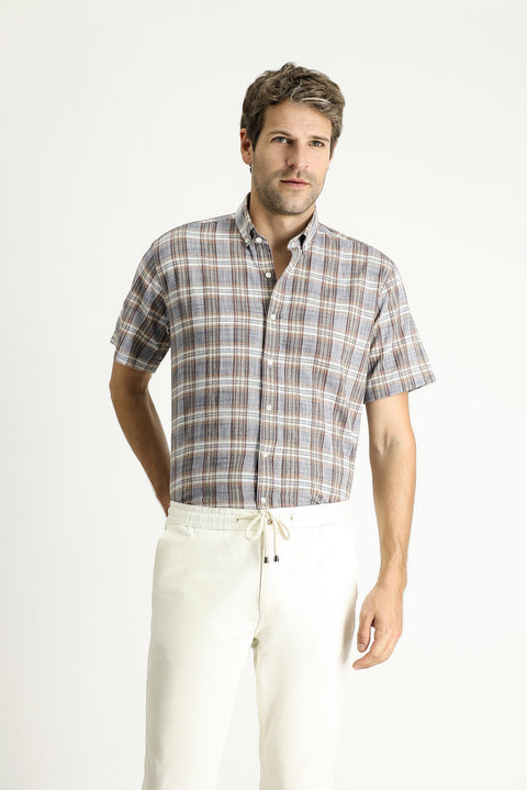 Açık Lacivert Kısa Kol Regular Fit Ekose Spor Pamuk Düğmeli Yaka Gömlek