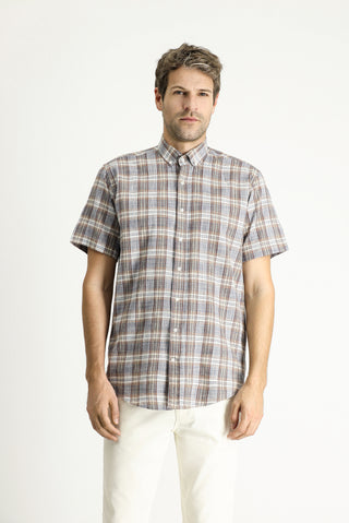  Açık Lacivert Kısa Kol Regular Fit Ekose Spor Pamuk Düğmeli Yaka Gömlek