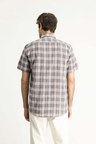  Açık Lacivert Kısa Kol Regular Fit Ekose Spor Pamuk Düğmeli Yaka Gömlek