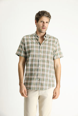  Açık Haki Kısa Kol Regular Fit Ekose Spor Pamuk Düğmeli Yaka Gömlek