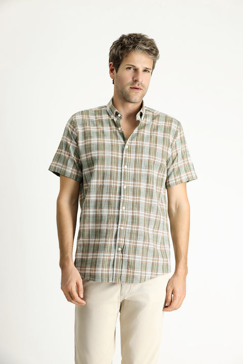 Light Khaki Short Sleeve Regular Fit Plaid Sport Cotton Button-Down Shirt