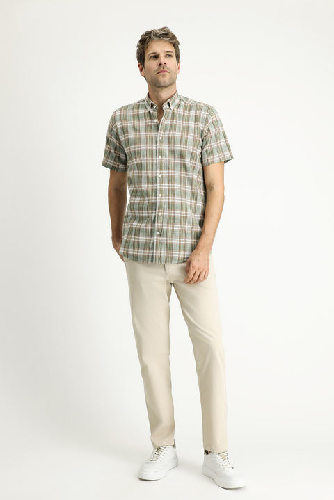 Light Khaki Short Sleeve Regular Fit Plaid Sport Cotton Button-Down Shirt