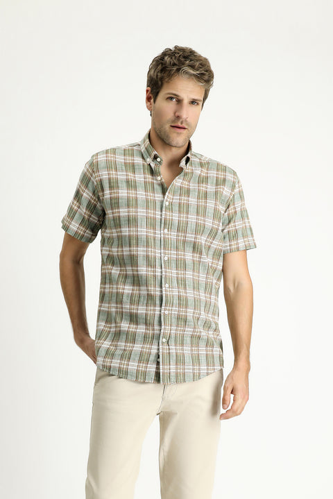 Light Khaki Short Sleeve Regular Fit Plaid Sport Cotton Button-Down Shirt