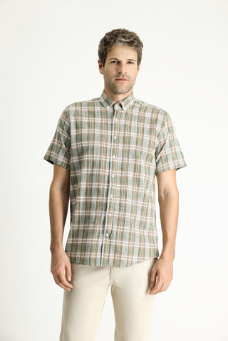  Açık Haki Kısa Kol Regular Fit Ekose Spor Pamuk Düğmeli Yaka Gömlek