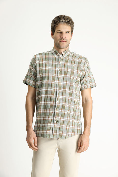 Light Khaki Short Sleeve Regular Fit Plaid Sport Cotton Button-Down Shirt