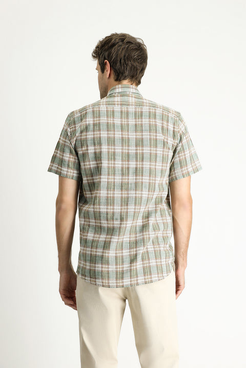 Light Khaki Short Sleeve Regular Fit Plaid Sport Cotton Button-Down Shirt
