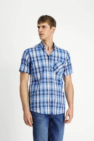  Mavi Kısa Kol Regular Fit Ekose Spor Düğmeli Yaka Pamuk Gömlek
