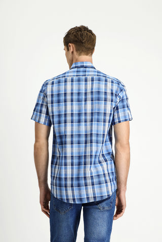  Mavi Kısa Kol Regular Fit Ekose Spor Düğmeli Yaka Pamuk Gömlek