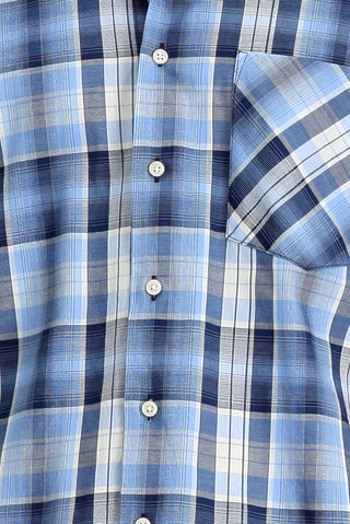  Mavi Kısa Kol Regular Fit Ekose Spor Düğmeli Yaka Pamuk Gömlek