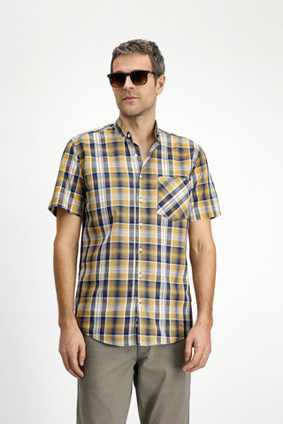  Hardal K?sa Kol Regular Fit Ekose Spor Dü?meli Yaka Pamuk Cepli Gömlek-Ki??l?