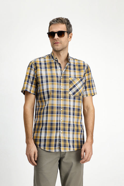 Hardal Kısa Kol Regular Fit Ekose Spor Düğmeli Yaka Pamuk Cepli Gömlek