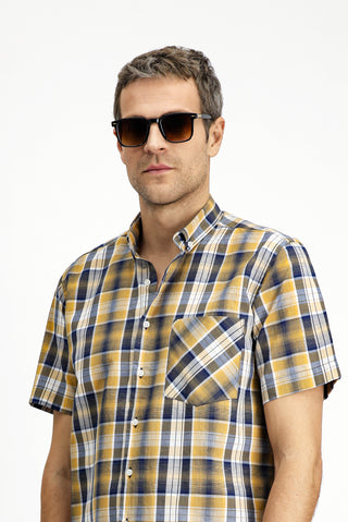  Hardal K?sa Kol Regular Fit Ekose Spor Dü?meli Yaka Pamuk Cepli Gömlek-Ki??l?