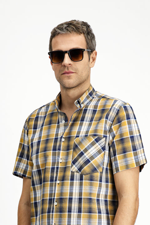 Hardal Kısa Kol Regular Fit Ekose Spor Düğmeli Yaka Pamuk Cepli Gömlek