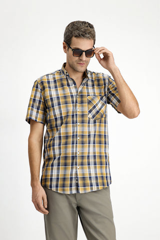  Hardal K?sa Kol Regular Fit Ekose Spor Dü?meli Yaka Pamuk Cepli Gömlek-Ki??l?