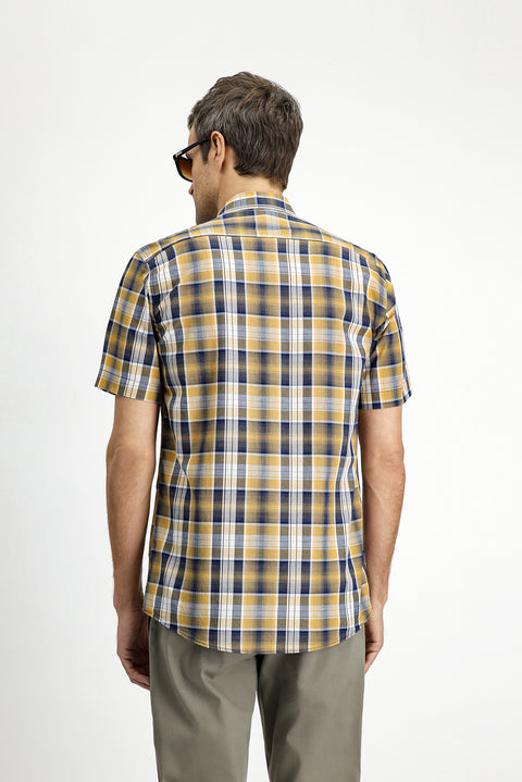 Hardal Kısa Kol Regular Fit Ekose Spor Düğmeli Yaka Pamuk Cepli Gömlek