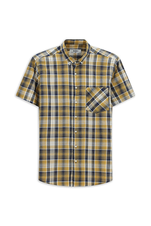 Hardal Kısa Kol Regular Fit Ekose Spor Düğmeli Yaka Pamuk Cepli Gömlek